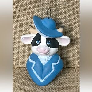 Colonial Cow Ceramic Christmas Ornament Kitsch Farm Core Anthropomorphic Fun